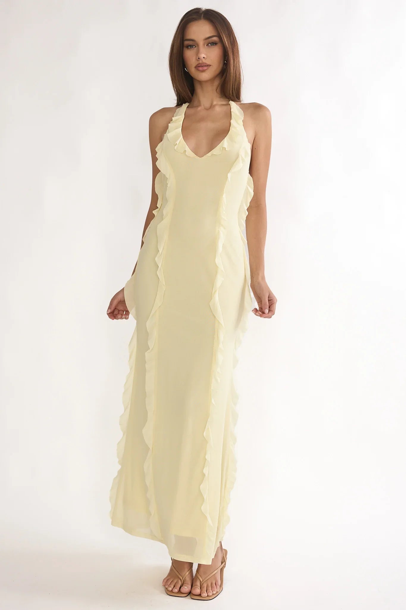 Collins Halter Ruffle Trim Maxi Dress Butter