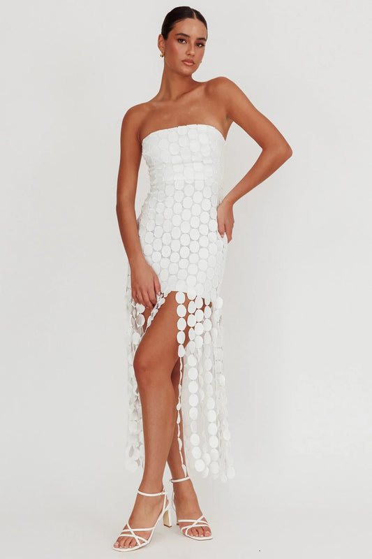 Elio Circle Trim Strapless Mini Dress White