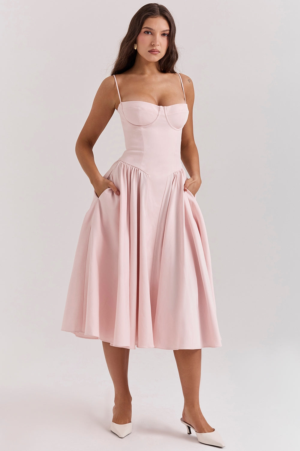 ballerina pink twill corset midi dress