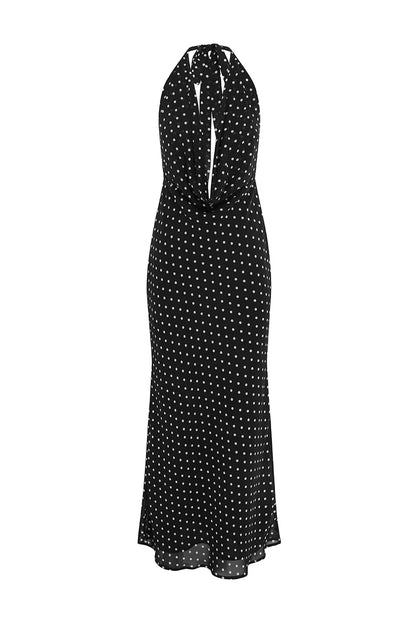 LEXIE LOW PLUNGE HALTER MAXI DRESS - BLACK POLKA