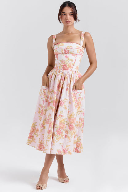 peach poppy print cotton midi sundress