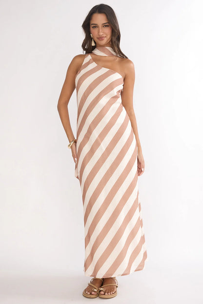 Mirona One Shoulder Scarf Maxi Dress Stripe Camel