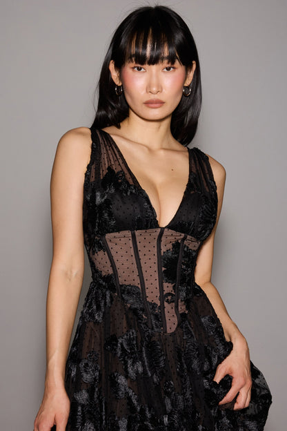 black embroidered tulle corset midi dress
