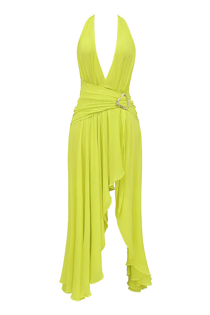 acid lime backless halter maxi dress