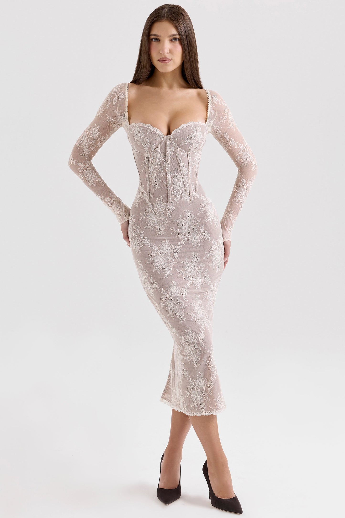 ivory lace long sleeve midi dress