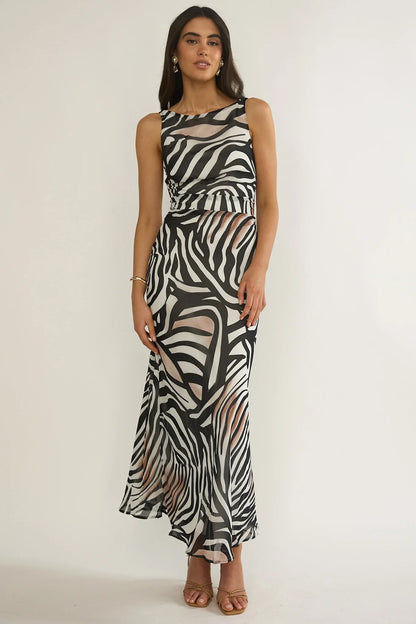 Floating Tied Low Back Maxi Dress Print Black/White