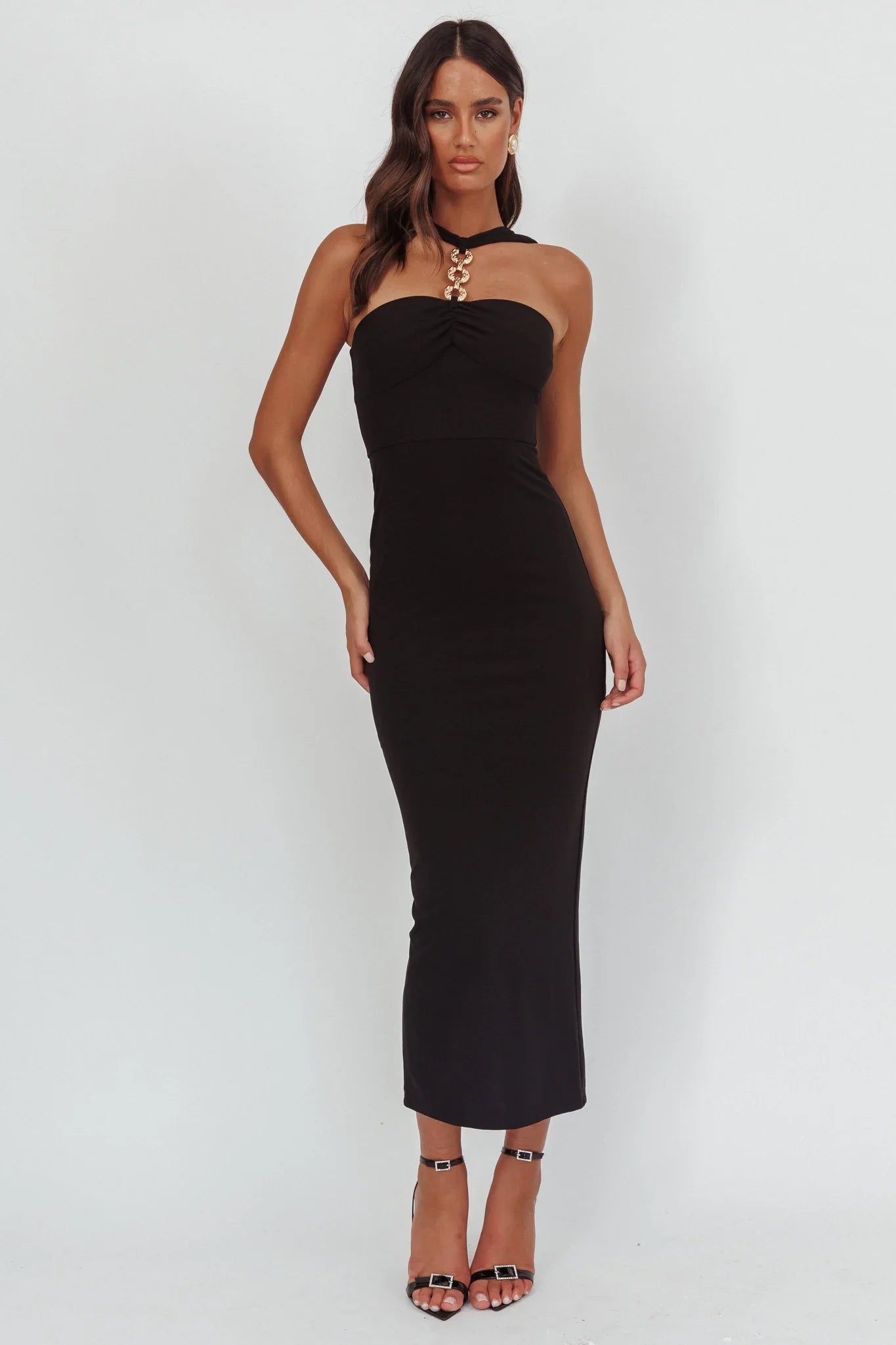 Maretha Gold Link Neckline Maxi Dress Black