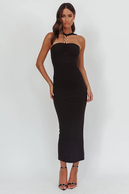 Maretha Gold Link Neckline Maxi Dress Black