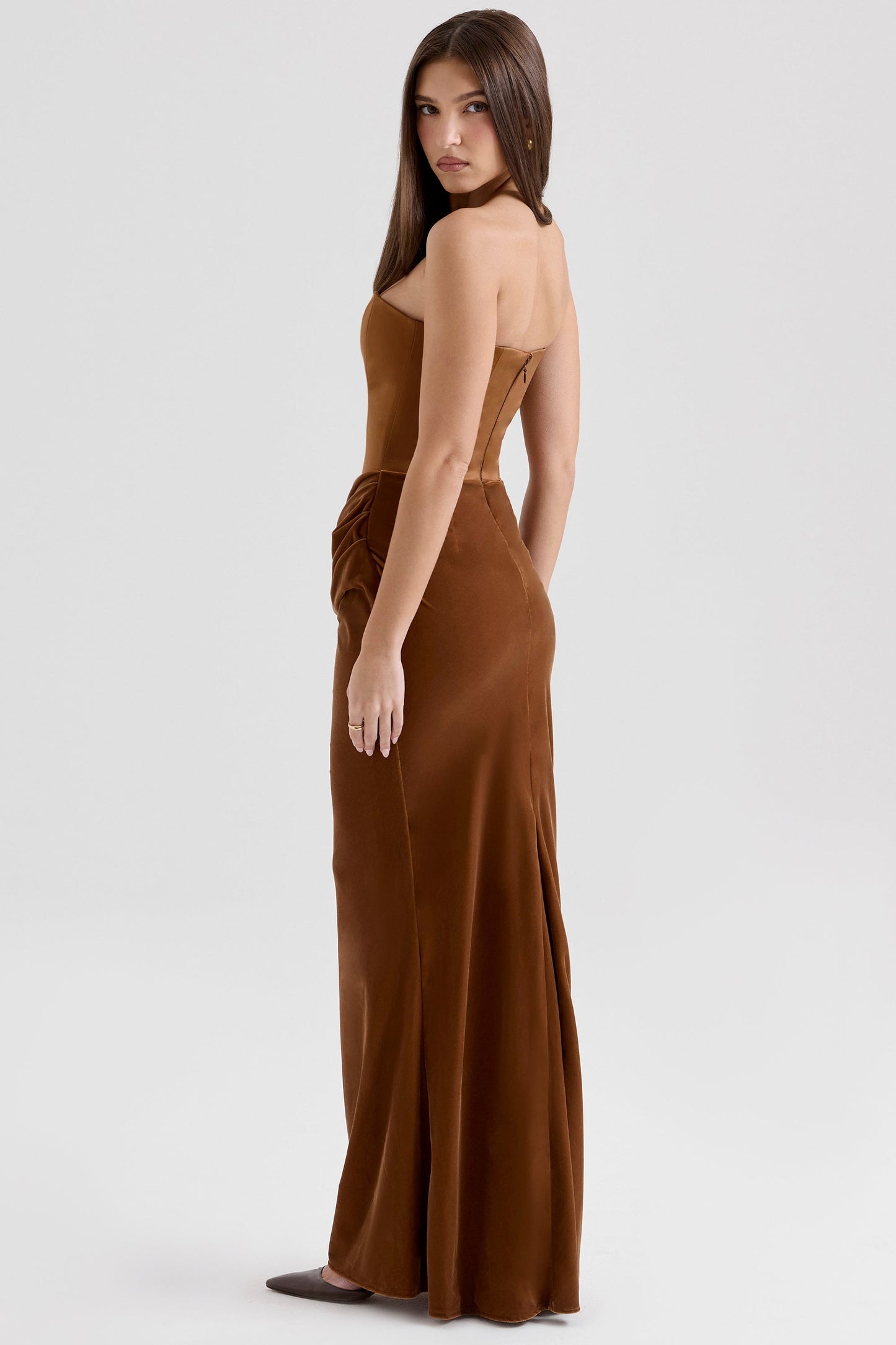 coffee velvet strapless corset maxi dress
