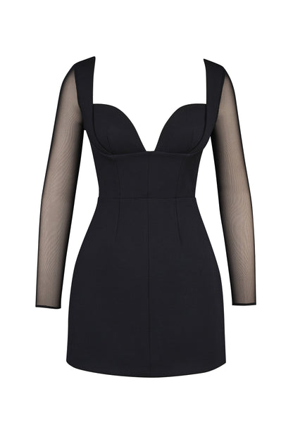 black stretch crepe plunge mini dress