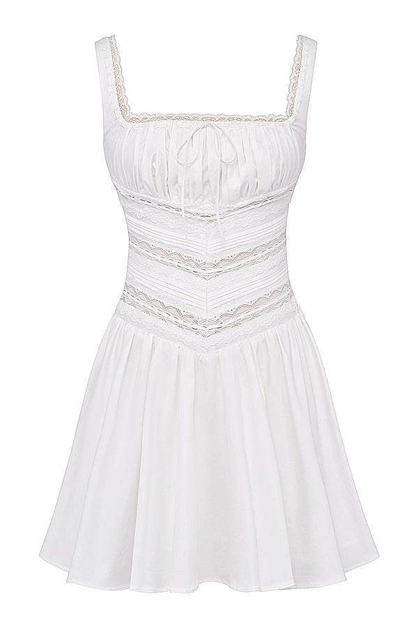 white lace trim mini dress