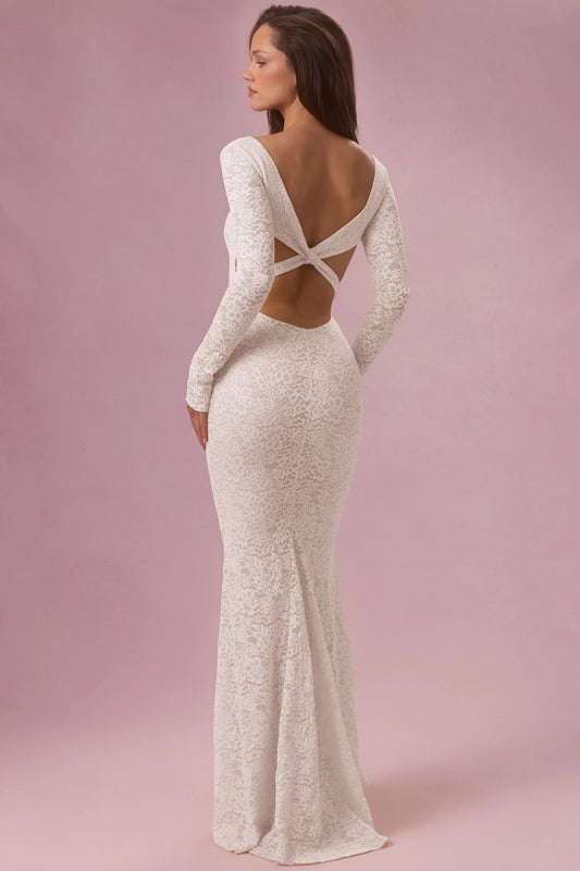 Lace Long-Sleeve Maxi Dress in Ivory