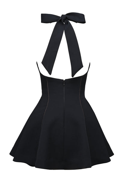 black halter neck bow mini dress