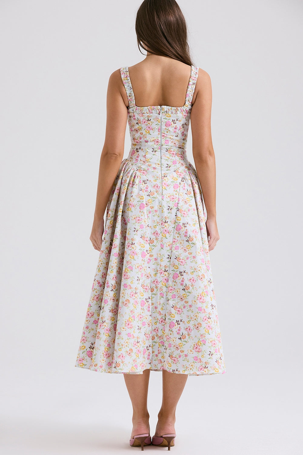 pale blue meadow print cotton midi sundress
