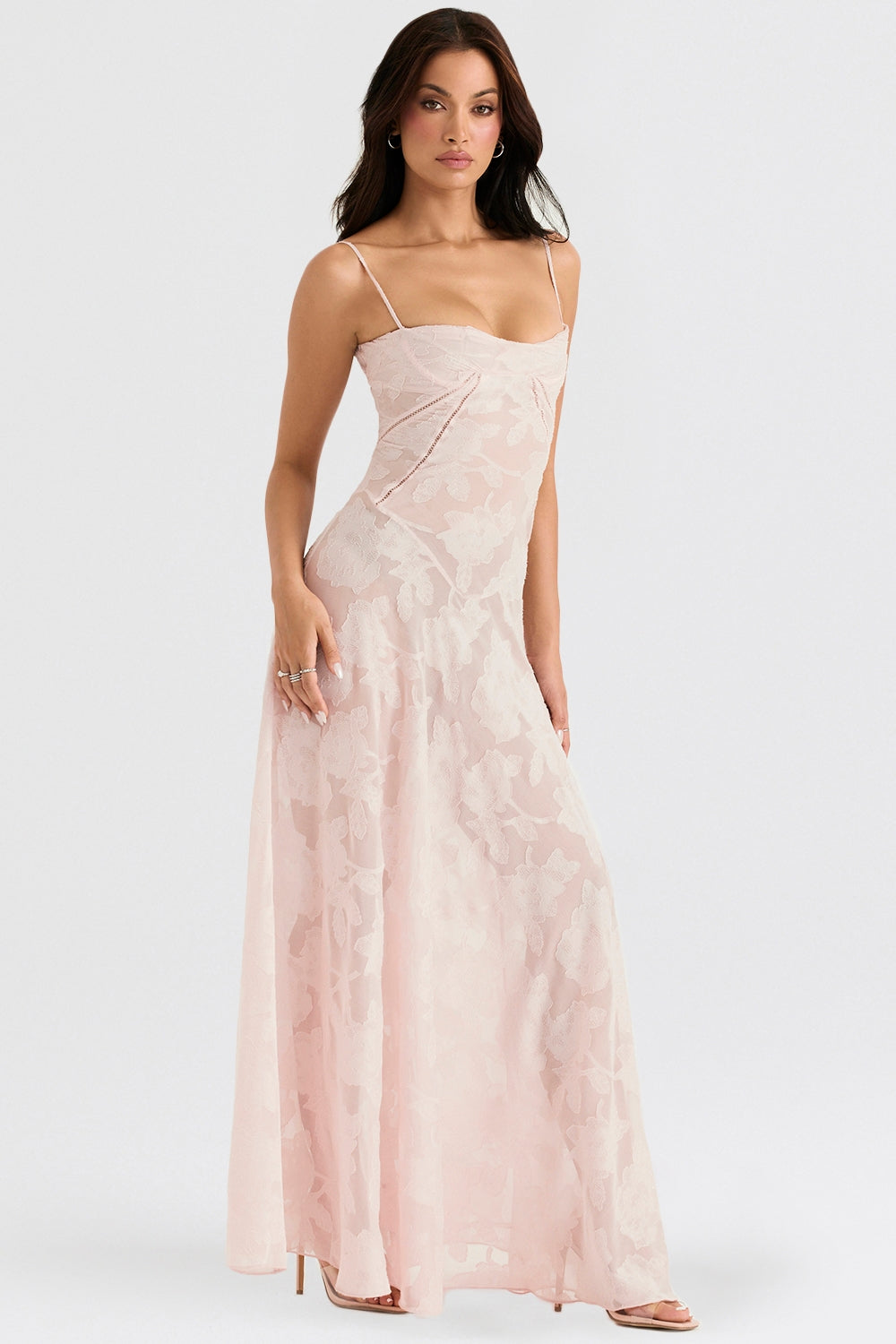 soft pink floral lace back maxi dress