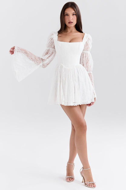 white lace puff sleeve mini dress