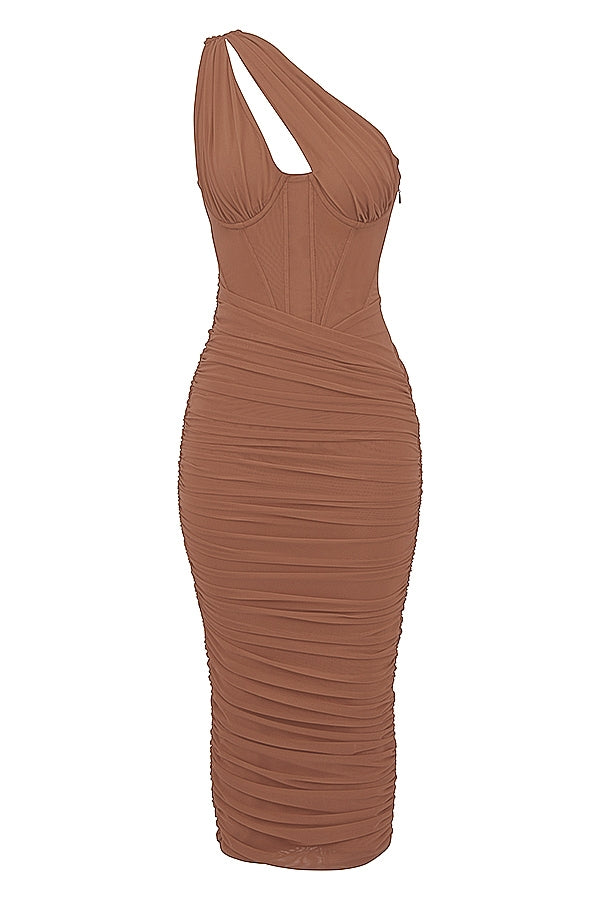 mocha asymmetric cutout midi dress