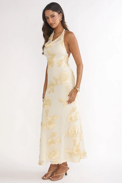 Kirralee Asymmetric Halterneck Embellished Maxi Dress Yellow