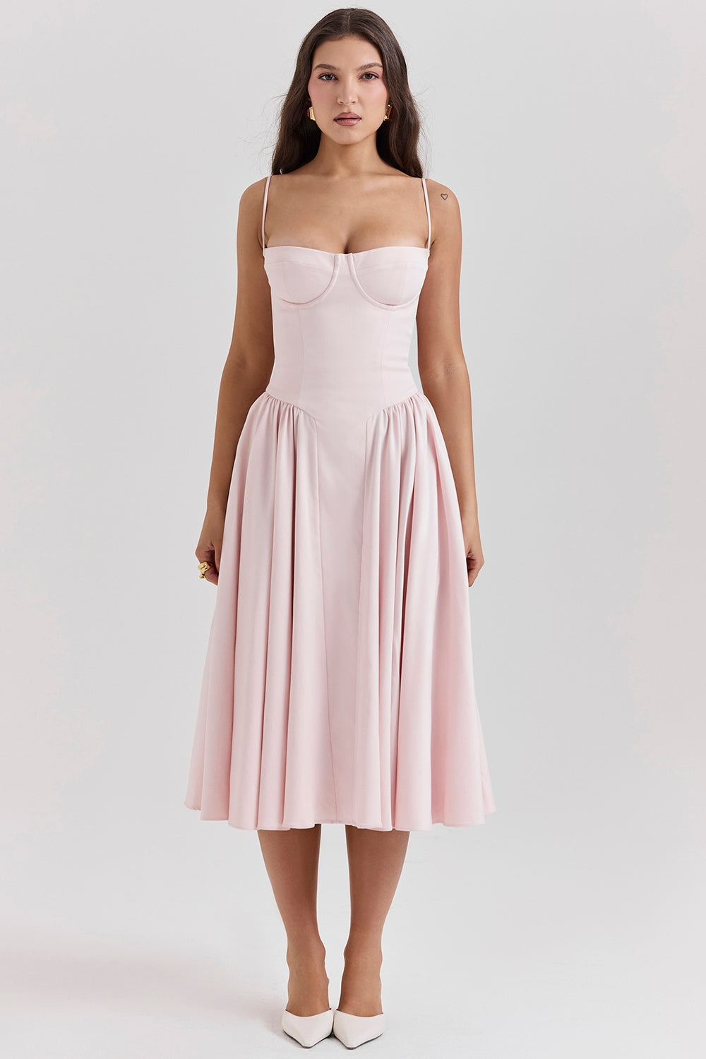 ballerina pink twill corset midi dress
