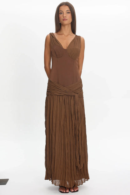 Keia Crepe Chiffon One-Shoulder Maxi Dress Chocolate