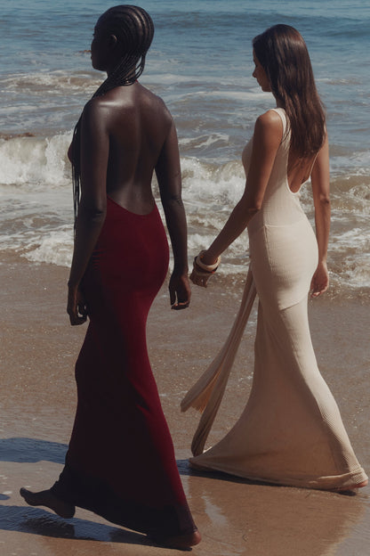 champagne waterfall maxi dress