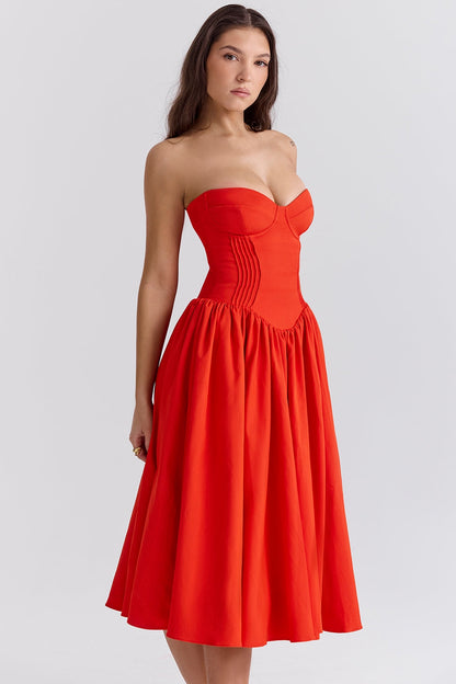 italian tomato strapless midi sundress