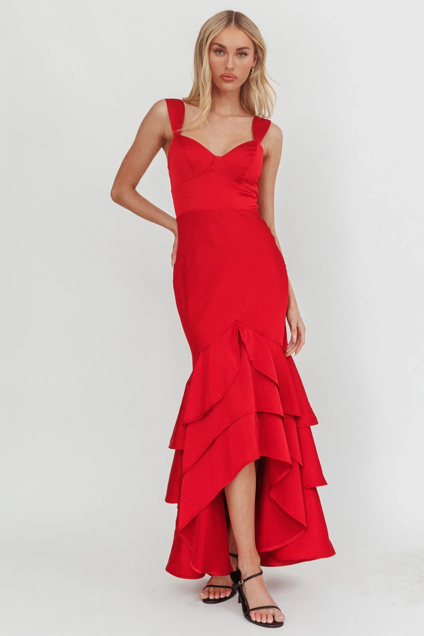 Baylin Layered Mermaid Hem Maxi Dress Red