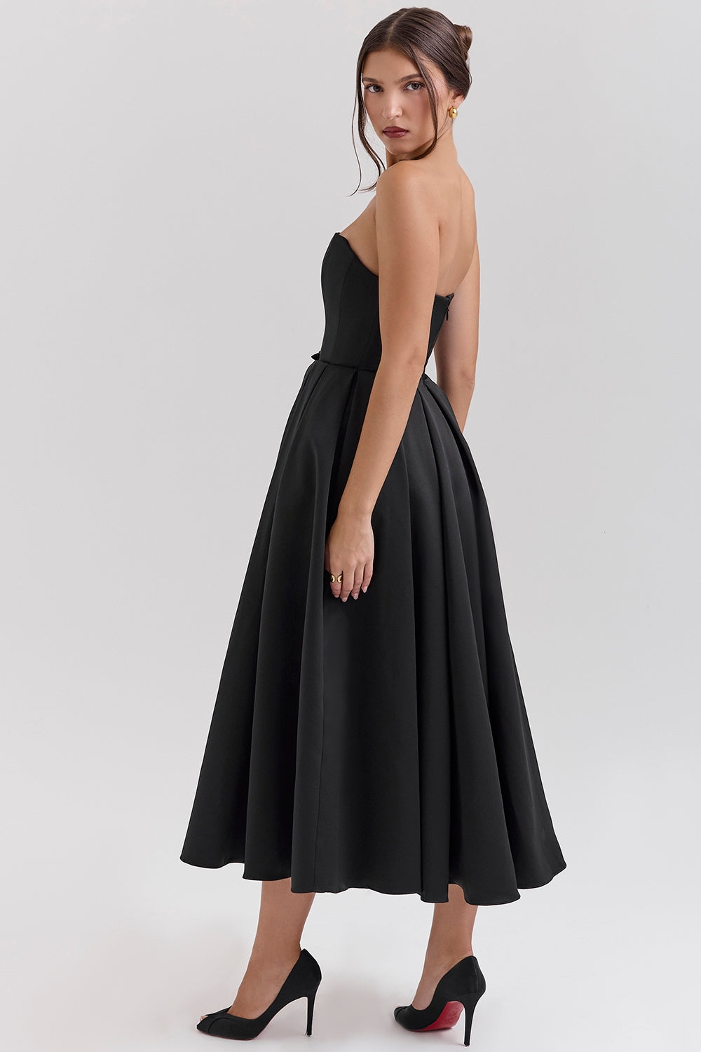 black strapless satin corset midi dress - sale