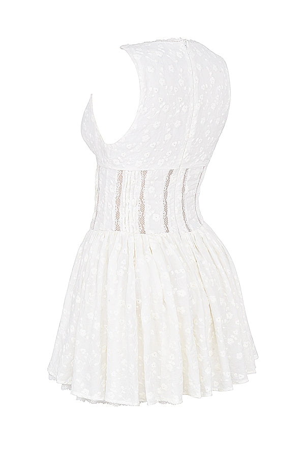 white cotton broderie anglais plunge mini dress