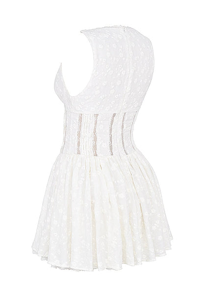 white cotton broderie anglais plunge mini dress