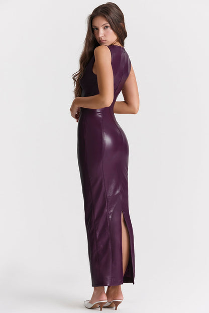 merlot vegan leather maxi dress