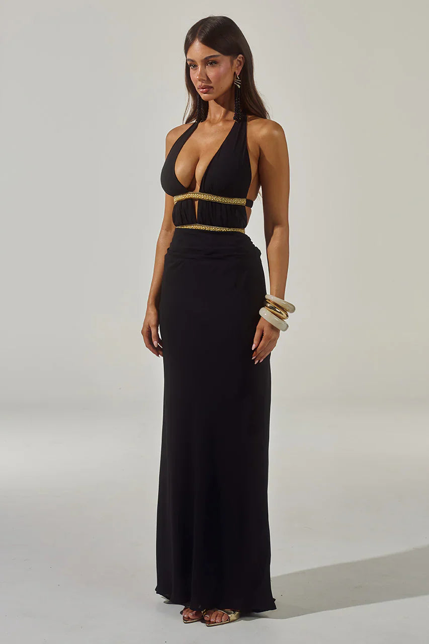 XYLIA HALTER LOW PLUNGE MAXI DRESS - BLACK