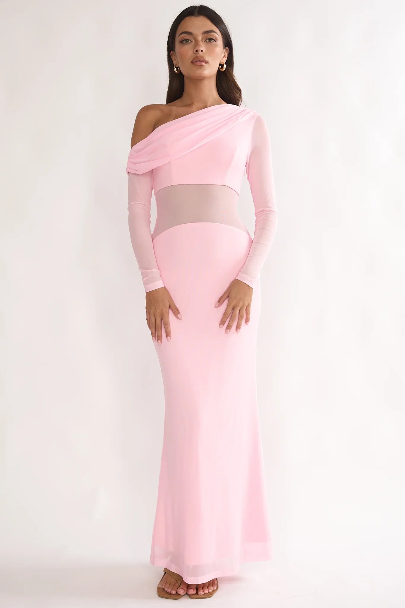 Milos Asymmetric Neckline Long Sleeve Maxi Dress Pink