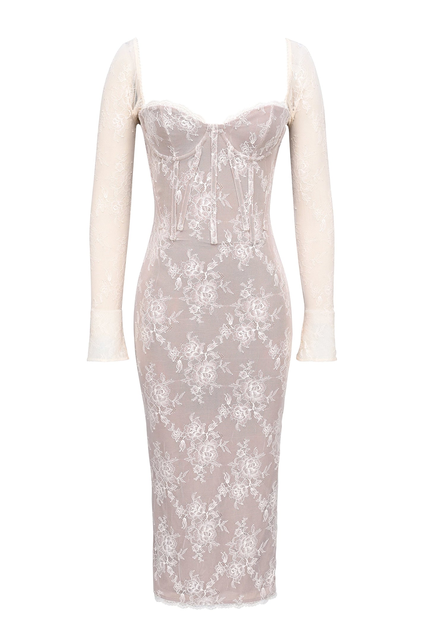 ivory lace long sleeve midi dress