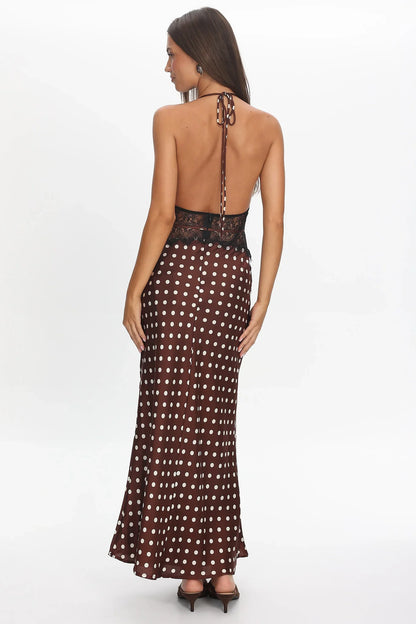 Tarly Lace Waist Halter Maxi Dress Polka Dot Chocolate