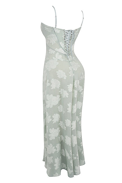 pistachio floral lace back maxi dress
