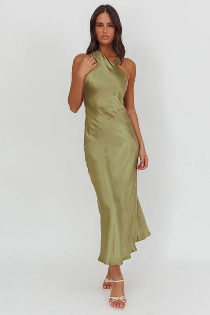 Florisse Asymmetric Neckline Maxi Dress Olive