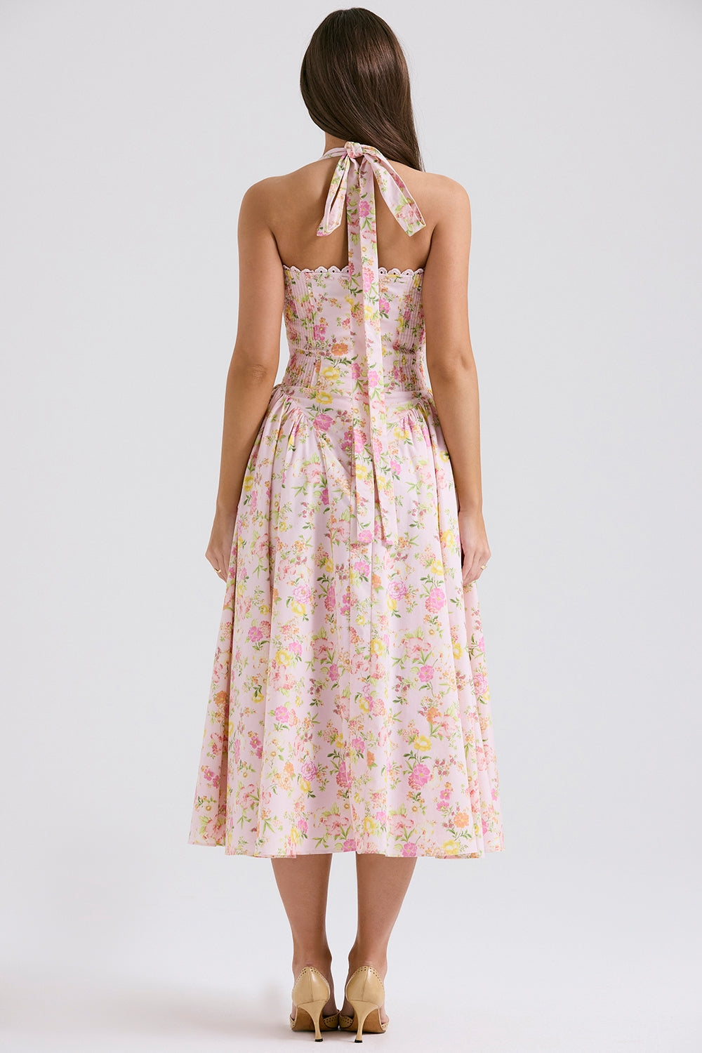 pink meadow print cotton halter midi sundress