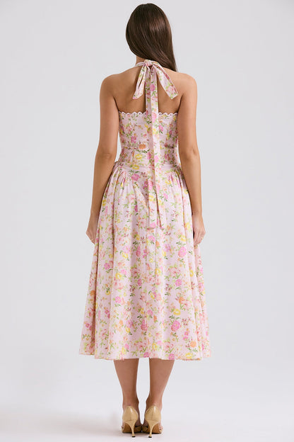 pink meadow print cotton halter midi sundress