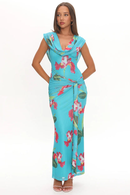 Virgo Season Draped Shoulder Maxi Dress Floral