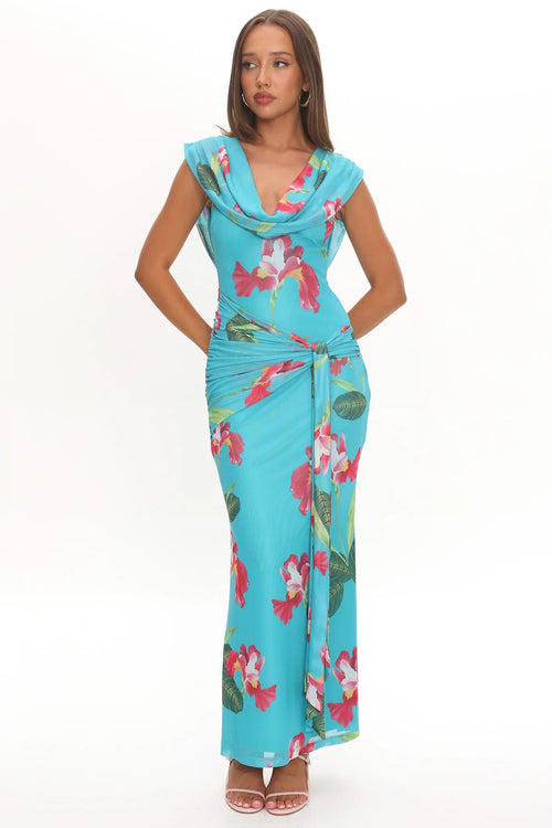 Virgo Season Draped Shoulder Maxi Dress Floral