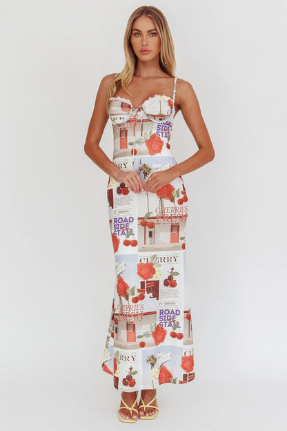 Fortune Bust Tie Maxi Dress Print Cherry