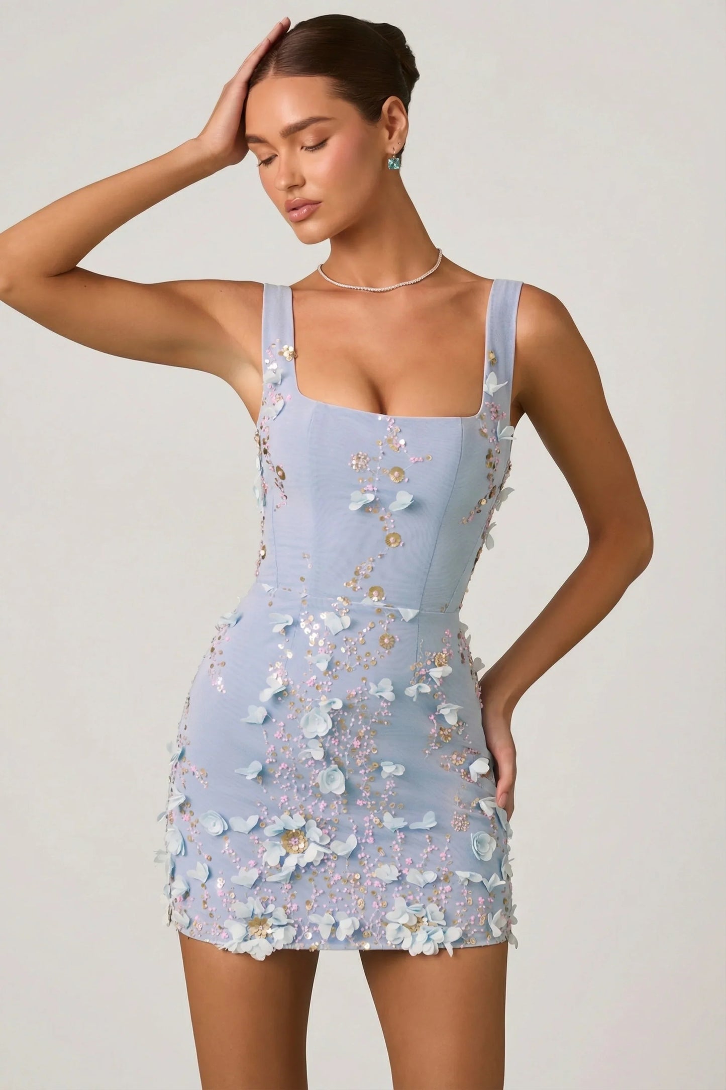 Embellished Appliqué Corset Mini Dress in Sky Blue