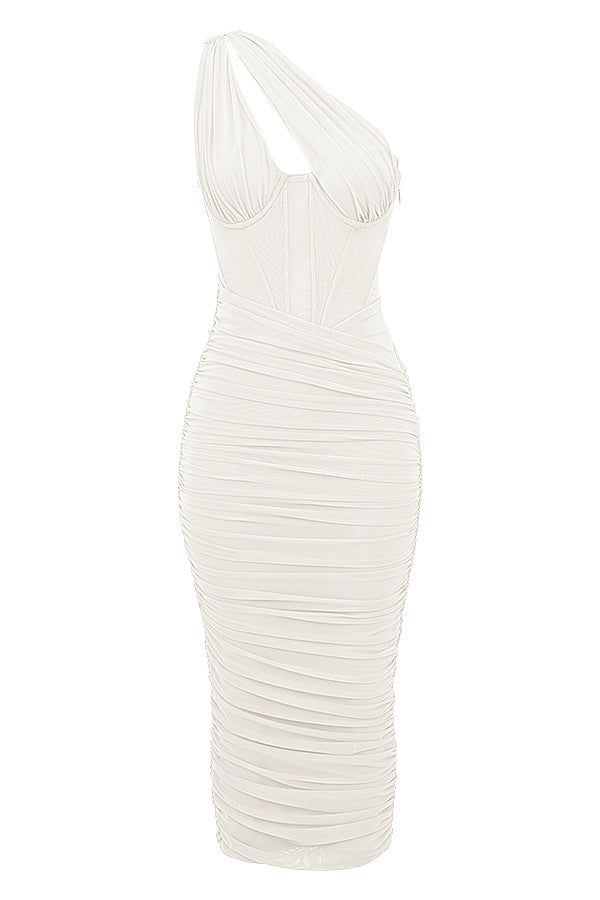 ivory asymmetric cutout midi dress