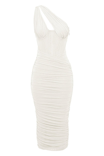 ivory asymmetric cutout midi dress