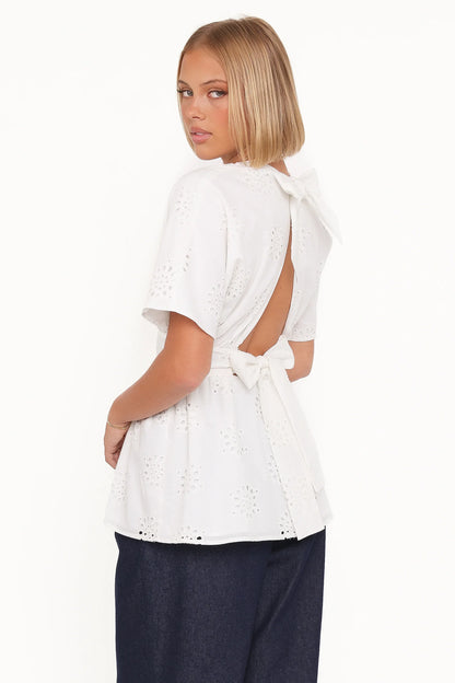Carmel Tie Back Tunic Top - White Embroidery