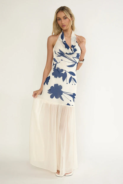 Omaria Cowl Halter Maxi Dress Floral Beige