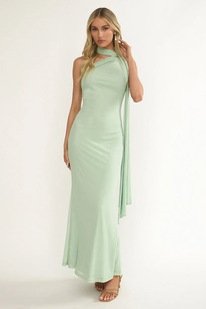 Ilyse Neck Scarf One-Shoulder Maxi Dress Mint