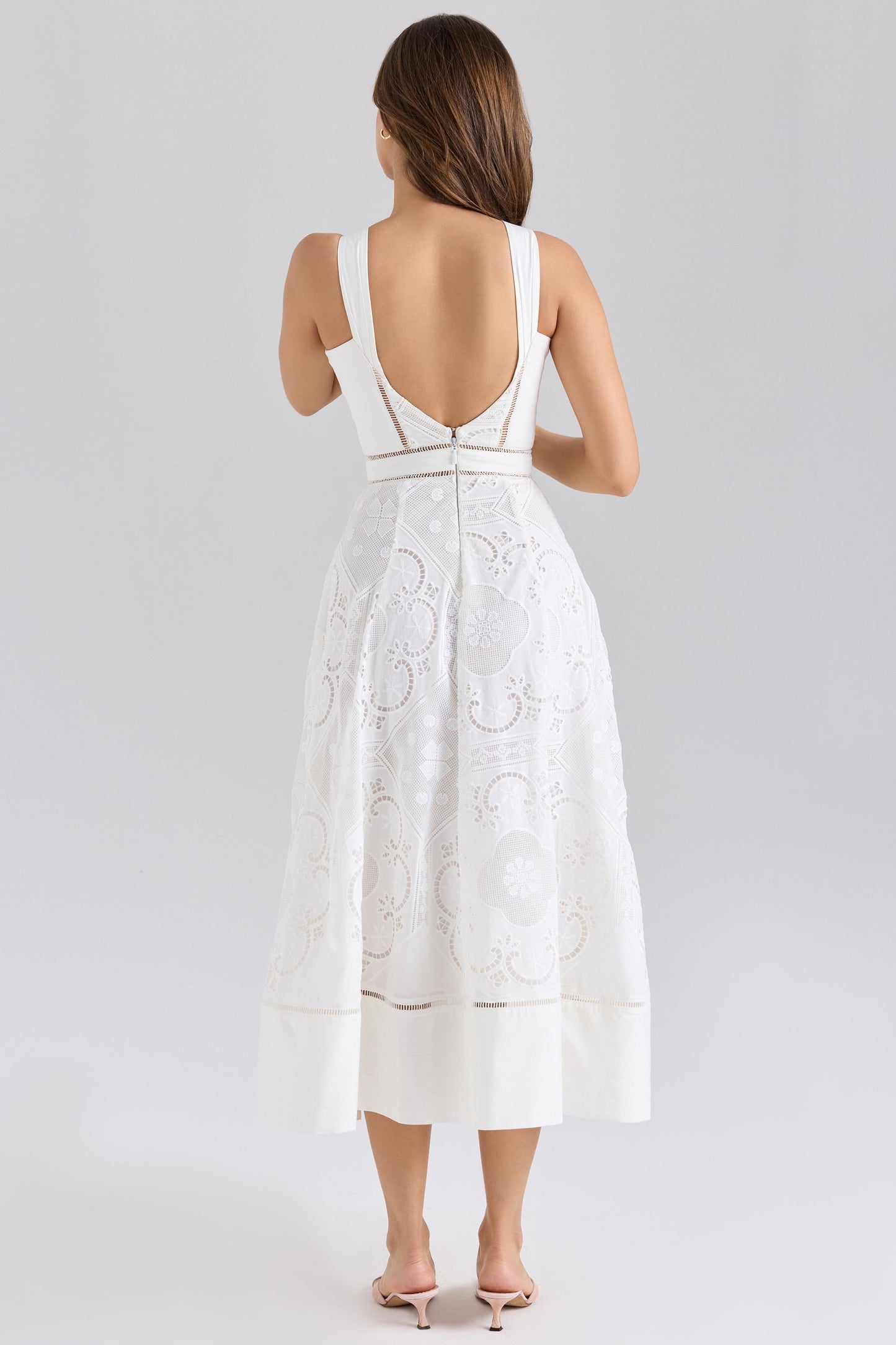 white stretch cotton broderie anglaise midi dress