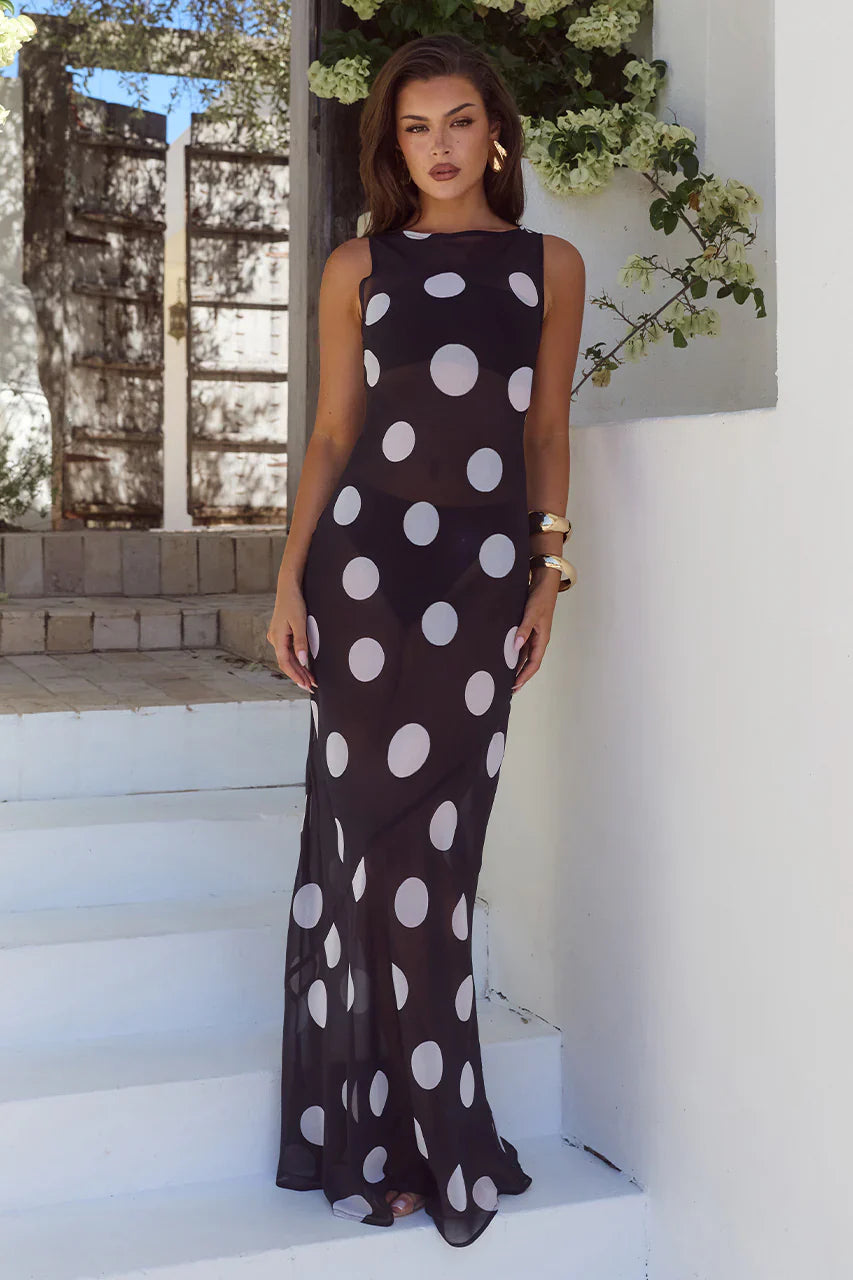 TERA HIGH NECK MAXI DRESS - BLACK/WHITE POLKA